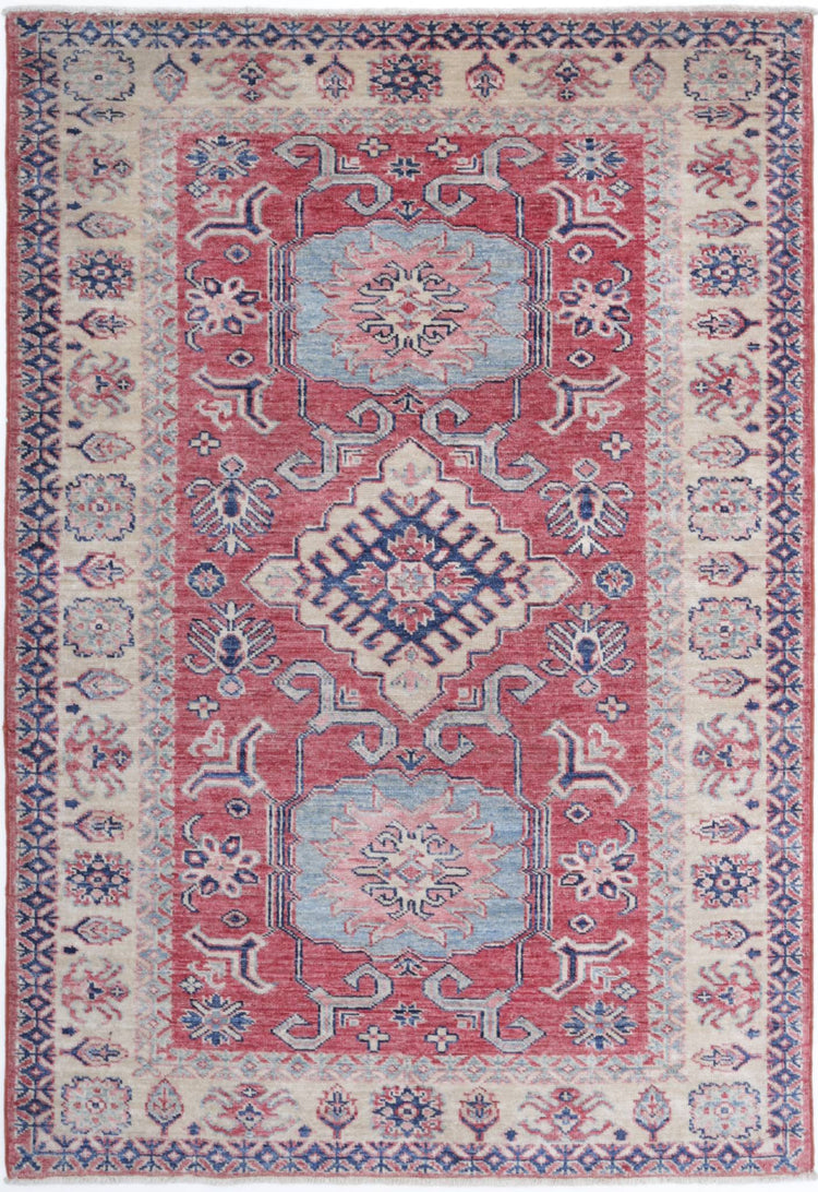 Tribal Hand Knotted Kazak Super Kazak Wool Rug of Size 3'4'' X 5'0'' in Red and Ivory Colors - Made in Afghanistan