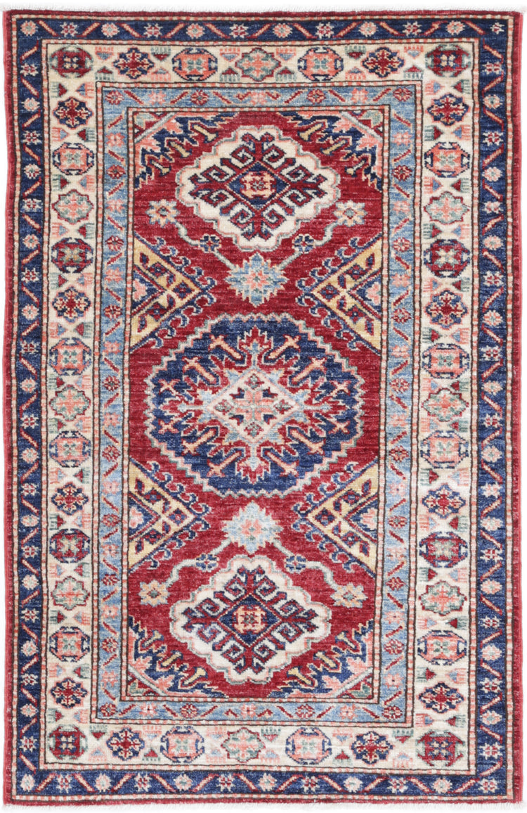 Tribal Hand Knotted Kazak Super Kazak Wool Rug of Size 2'7'' X 4'2'' in Red and Ivory Colors - Made in Afghanistan