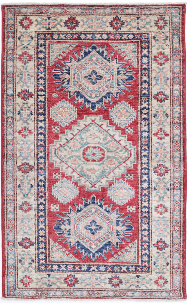 Tribal Hand Knotted Kazak Super Kazak Wool Rug of Size 2'8'' X 4'4'' in Red and Ivory Colors - Made in Afghanistan