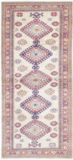 Tribal Hand Knotted Kazak Super Kazak Wool Rug of Size 2'7'' X 6'2'' in Ivory and Red Colors - Made in Afghanistan