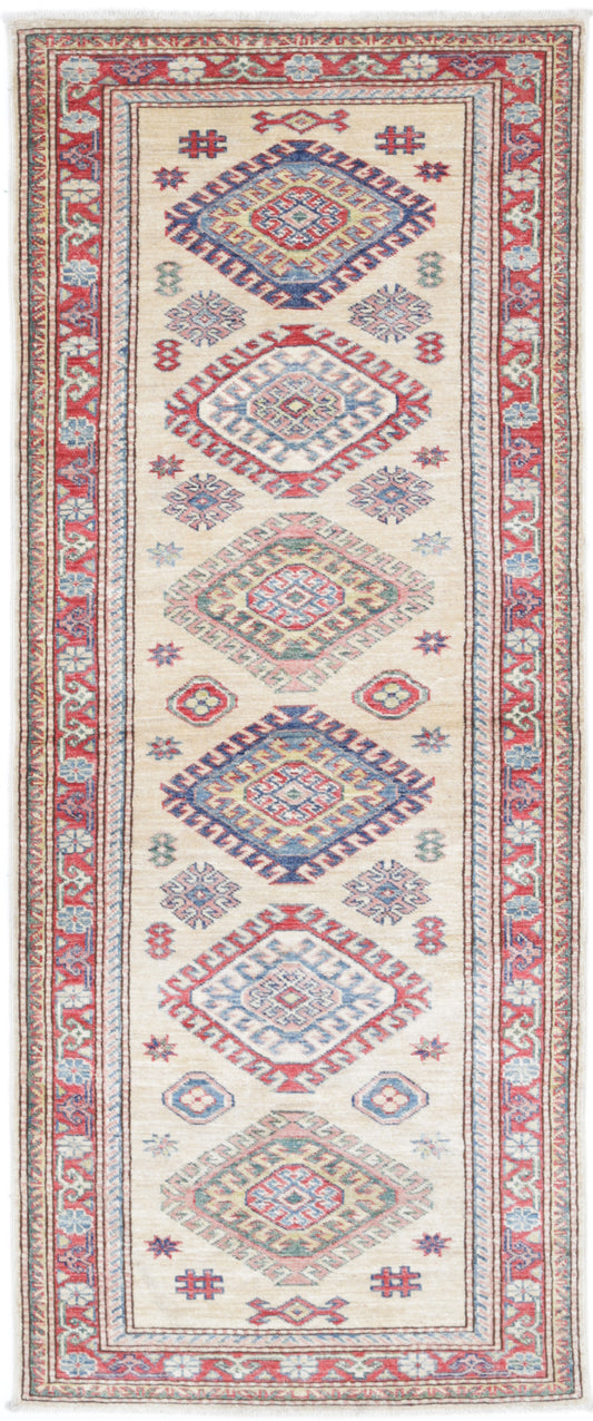 Tribal Hand Knotted Kazak Super Kazak Wool Rug of Size 2'4'' X 6'3'' in Ivory and Red Colors - Made in Afghanistan