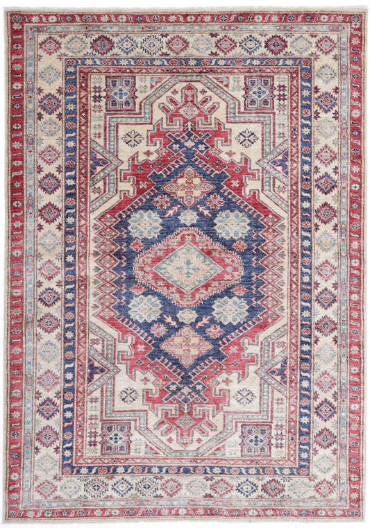 Tribal Hand Knotted Kazak Super Kazak Wool Rug of Size 4'8'' X 6'8'' in Blue and Ivory Colors - Made in Afghanistan