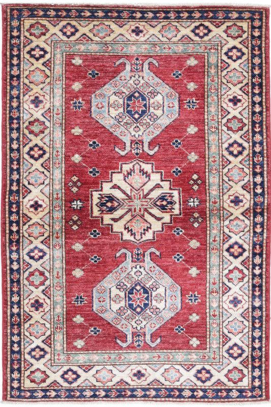 Tribal Hand Knotted Kazak Super Kazak Wool Rug of Size 2'9'' X 4'0'' in Red and Ivory Colors - Made in Afghanistan