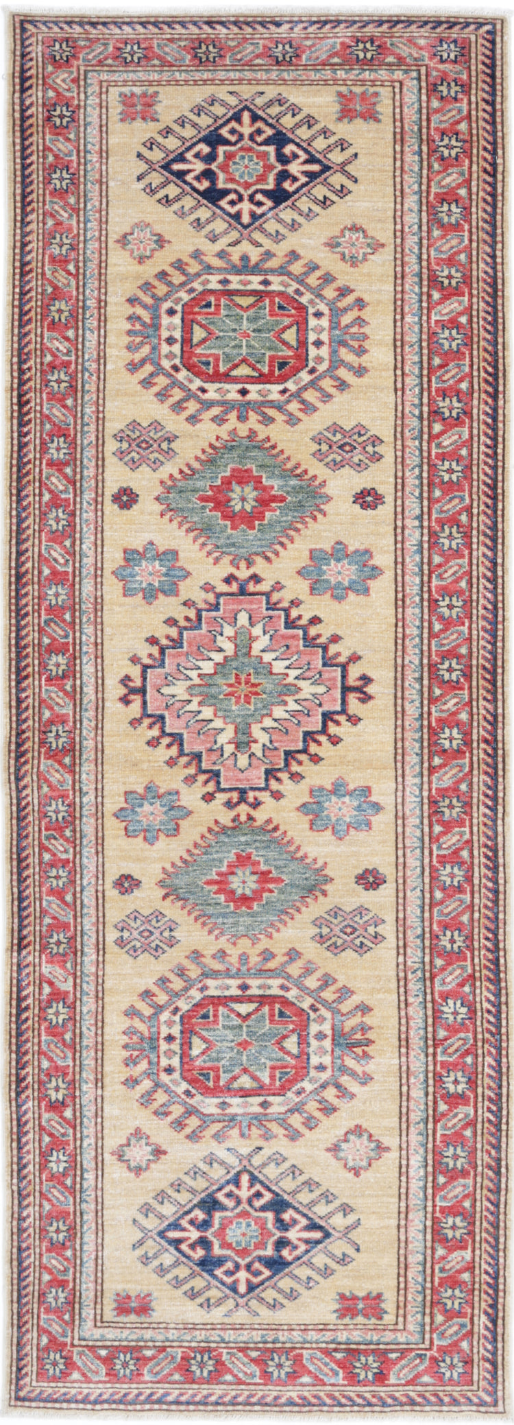 Tribal Hand Knotted Kazak Super Kazak Wool Rug of Size 2'4'' X 6'9'' in Gold and Red Colors - Made in Afghanistan