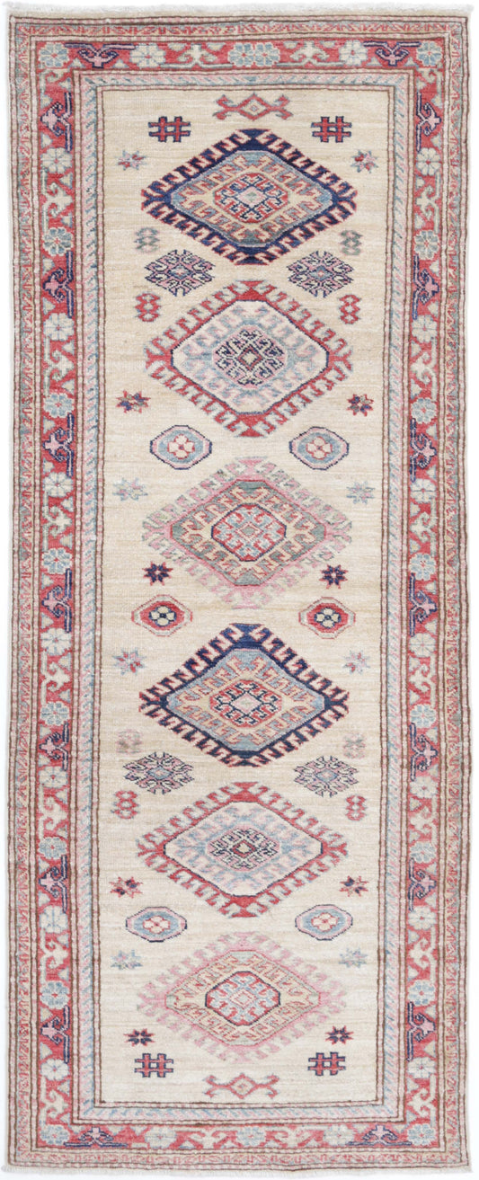 Tribal Hand Knotted Kazak Super Kazak Wool Rug of Size 2'4'' X 6'10'' in Beige and Red Colors - Made in Afghanistan