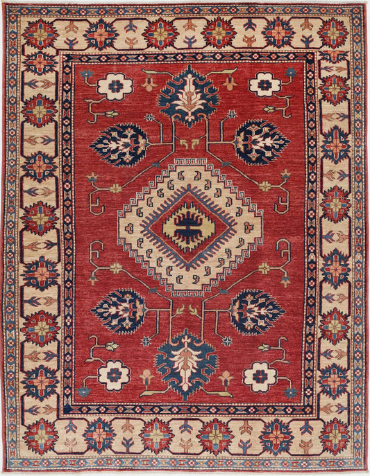 Tribal Hand Knotted Kazak Super Kazak Wool Rug of Size 5'0'' X 6'4'' in Red and Ivory Colors - Made in Afghanistan