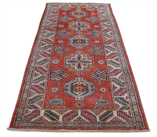 Tribal Hand Knotted Kazak Super Kazak Wool Rug of Size 2'7'' X 5'10'' in Red and Ivory Colors - Made in Afghanistan