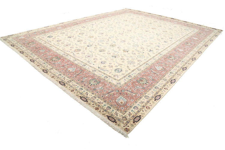 Masterpiece Hand Knotted Tabriz Tabriz Faragi Wool & Silk Rug of Size 13'0'' X 16'11'' in Ivory and Brown Colors - Made in Iran