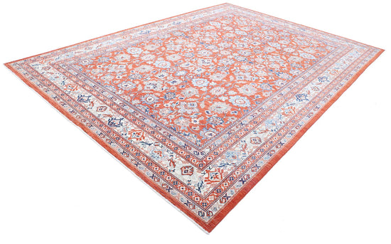 Traditional Hand Knotted Ziegler Tabriz Wool Rug of Size 9'0'' X 12'7'' in Red and Ivory Colors - Made in Afghanistan
