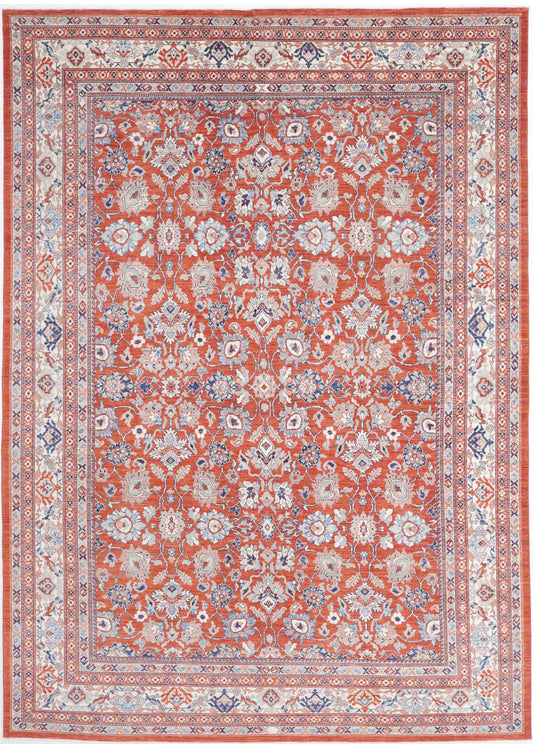 Traditional Hand Knotted Ziegler Tabriz Wool Rug of Size 9'0'' X 12'7'' in Red and Ivory Colors - Made in Afghanistan