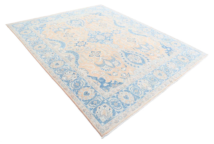 Traditional Hand Knotted Serenity Tabriz Wool Rug of Size 7'8'' X 9'5'' in Peach and Blue Colors - Made in Afghanistan