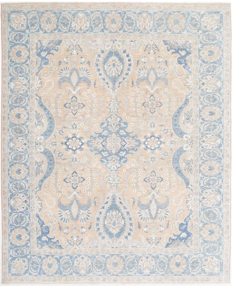 Traditional Hand Knotted Serenity Tabriz Wool Rug of Size 7'8'' X 9'5'' in Peach and Blue Colors - Made in Afghanistan