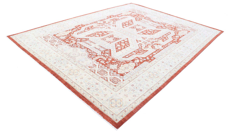 Traditional Hand Knotted Ziegler Tabriz Wool Rug of Size 8'10'' X 11'7'' in Red and Ivory Colors - Made in Afghanistan
