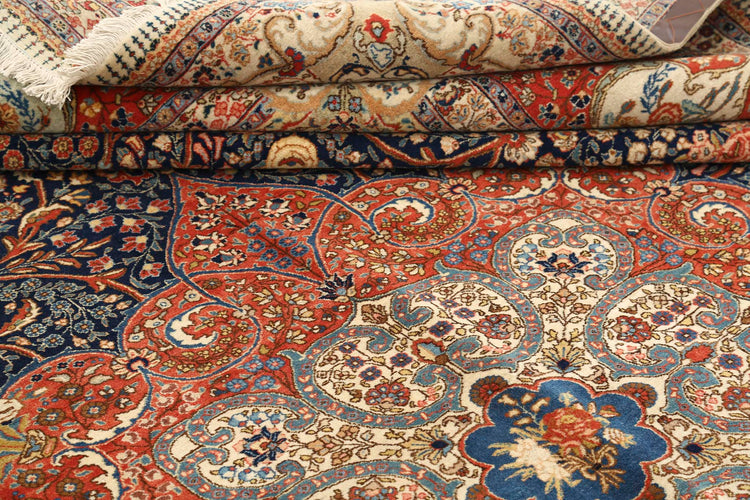 Masterpiece Hand Knotted Tabriz Tabriz Wool Rug of Size 10'4'' X 13'8'' in Blue and Rust Colors - Made in Iran