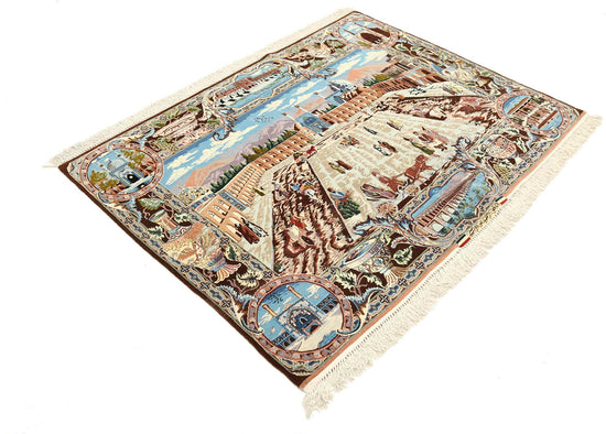 Masterpiece Hand Knotted Tabriz Tabriz Wool Rug of Size 5'3'' X 3'11'' in Ivory and Blue Colors - Made in Iran