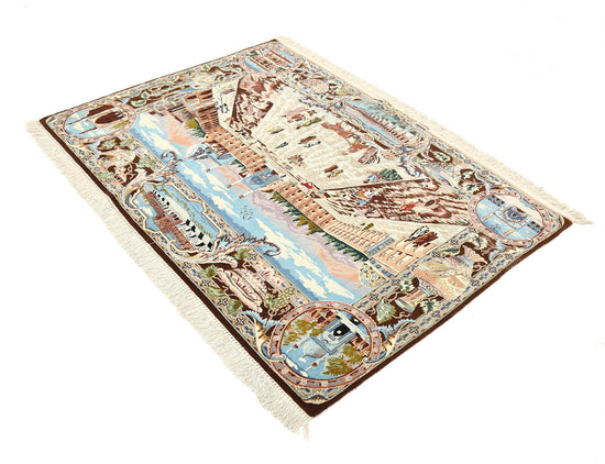 Masterpiece Hand Knotted Tabriz Tabriz Wool Rug of Size 5'3'' X 3'11'' in Ivory and Blue Colors - Made in Iran