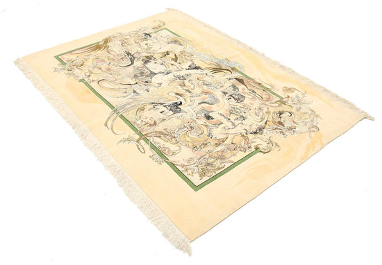 Masterpiece Hand Knotted Tabriz Tabriz Wool Rug of Size 6'4'' X 4'7'' in Gold and Beige Colors - Made in Iran