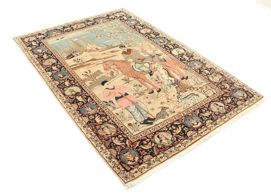 Masterpiece Hand Knotted Tabriz Tabriz Wool Rug of Size 4'8'' X 6'7'' in Ivory and Black Colors - Made in Iran