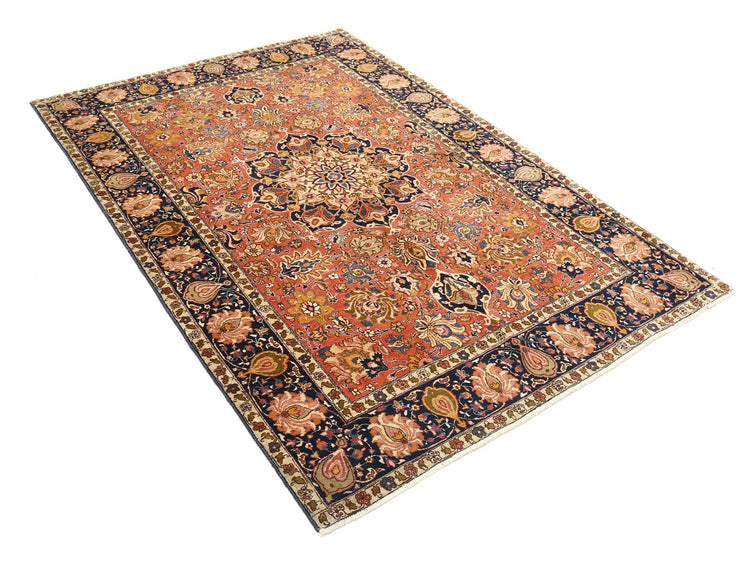 Masterpiece Hand Knotted Tabriz Tabriz Wool Rug of Size 4'6'' X 6'7'' in Rust and Blue Colors - Made in Iran