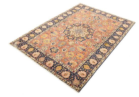 Masterpiece Hand Knotted Tabriz Tabriz Wool Rug of Size 4'6'' X 6'7'' in Rust and Blue Colors - Made in Iran