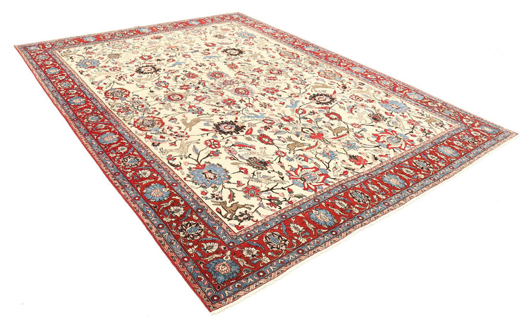 Persian Hand Knotted Tabriz Tabriz Wool Rug of Size 8'9'' X 11'10'' in Ivory and Red Colors - Made in Iran