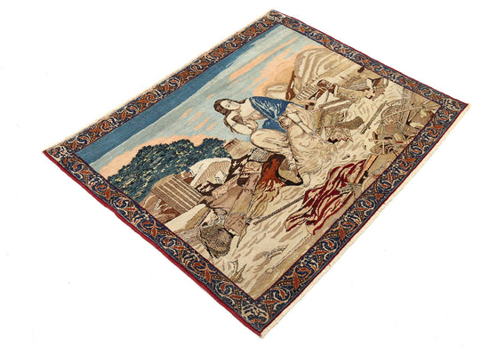 Masterpiece Hand Knotted Tabriz Tabriz Wool Rug of Size 3'8'' X 2'10'' in Ivory and Blue Colors - Made in Iran