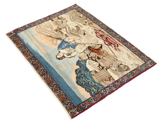 Masterpiece Hand Knotted Tabriz Tabriz Wool Rug of Size 3'8'' X 2'10'' in Ivory and Blue Colors - Made in Iran