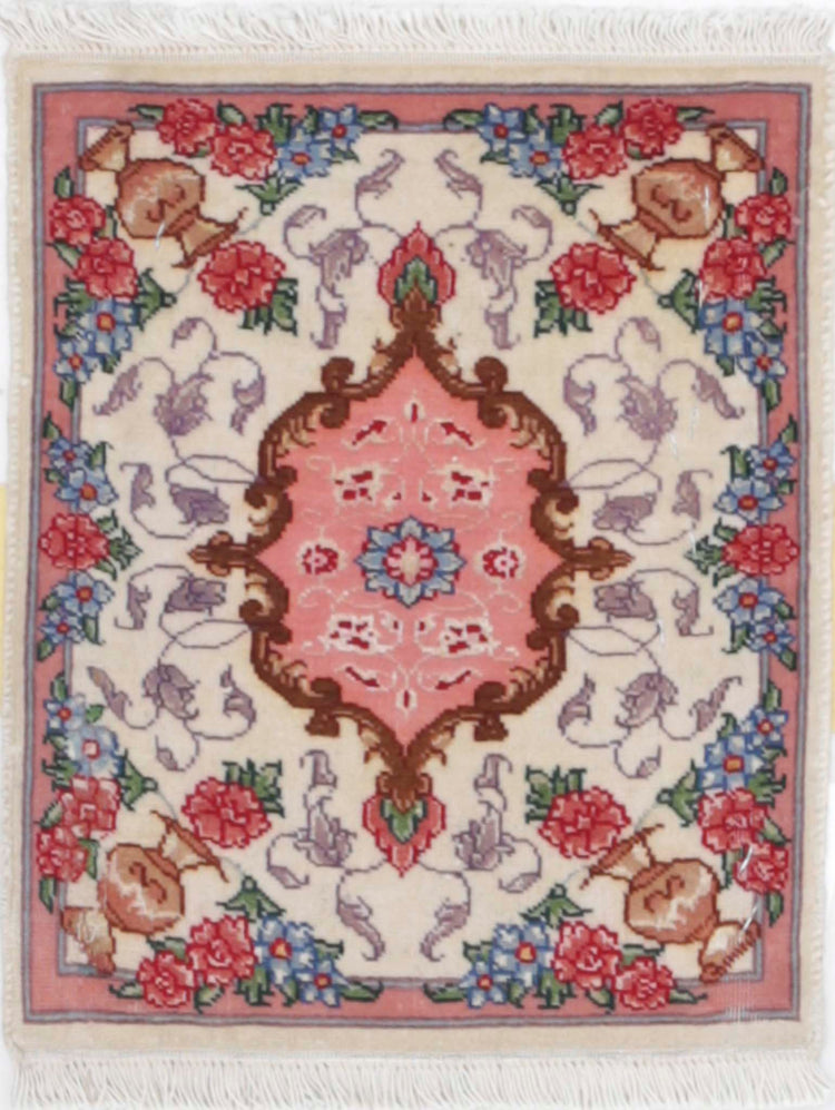 Masterpiece Hand Knotted Tabriz Tabriz Wool Rug of Size 0'11'' X 1'3'' in Ivory and Peach Colors - Made in Iran