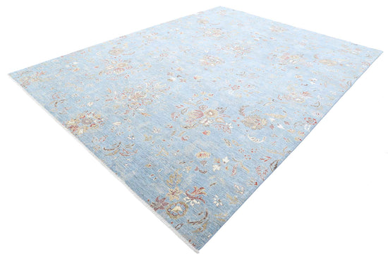 Transitional Hand Knotted Artemix Tabriz Wool & Silk Rug of Size 8'10'' X 11'10'' in Blue and Ivory Colors - Made in Afghanistan