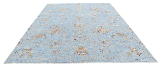 Transitional Hand Knotted Artemix Tabriz Wool & Silk Rug of Size 8'10'' X 11'10'' in Blue and Ivory Colors - Made in Afghanistan