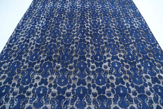 Transitional Hand Knotted Onyx Tabriz Wool Rug of Size 8'7'' X 11'6'' in Blue and Blue Colors - Made in Afghanistan