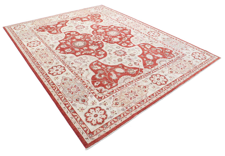 Traditional Hand Knotted Ziegler Tabriz Wool Rug of Size 8'1'' X 10'1'' in Red and Ivory Colors - Made in Afghanistan