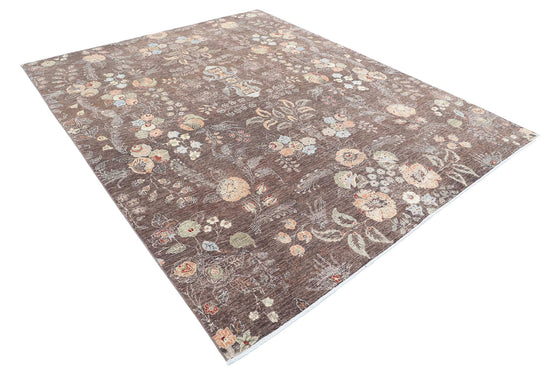 Transitional Hand Knotted Artemix Tabriz Wool Rug of Size 7'10'' X 9'10'' in Brown and Ivory Colors - Made in Afghanistan
