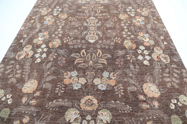 Transitional Hand Knotted Artemix Tabriz Wool Rug of Size 7'10'' X 9'10'' in Brown and Ivory Colors - Made in Afghanistan