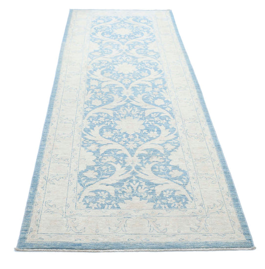 Traditional Hand Knotted Serenity Tabriz Wool Rug of Size 3'3'' X 9'8'' in Blue and Gold Colors - Made in Afghanistan
