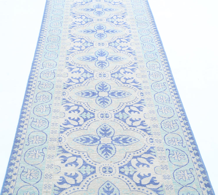Traditional Hand Knotted Serenity Tabriz Wool Rug of Size 3'0'' X 9'11'' in Blue and Teal Colors - Made in Afghanistan