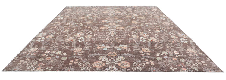 Transitional Hand Knotted Artemix Tabriz Wool Rug of Size 11'11'' X 14'9'' in Brown and Ivory Colors - Made in Afghanistan