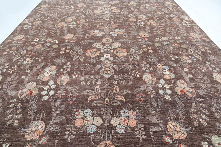 Transitional Hand Knotted Artemix Tabriz Wool Rug of Size 11'11'' X 14'9'' in Brown and Ivory Colors - Made in Afghanistan
