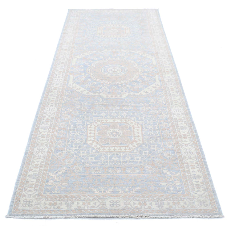Traditional Hand Knotted Serenity Tabriz Wool Rug of Size 3'5'' X 9'5'' in Teal and Ivory Colors - Made in Afghanistan