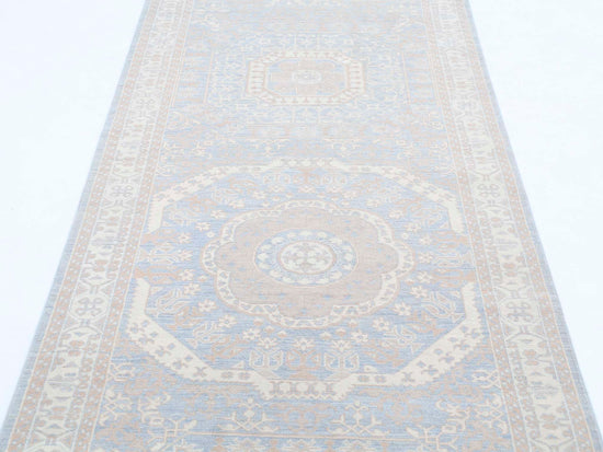 Traditional Hand Knotted Serenity Tabriz Wool Rug of Size 3'5'' X 9'5'' in Teal and Ivory Colors - Made in Afghanistan