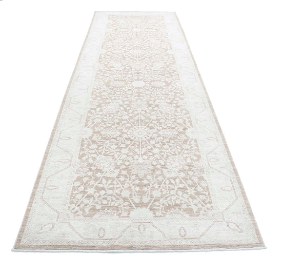 Traditional Hand Knotted Serenity Tabriz Wool Rug of Size 4'0'' X 13'5'' in Taupe and Ivory Colors - Made in Afghanistan