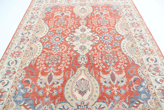 Traditional Hand Knotted Ziegler Tabriz Wool Rug of Size 7'9'' X 9'5'' in Rust and Ivory Colors - Made in Afghanistan