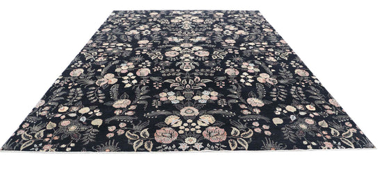 Transitional Hand Knotted Artemix Tabriz Wool Rug of Size 9'8'' X 13'4'' in Black and Black Colors - Made in Afghanistan