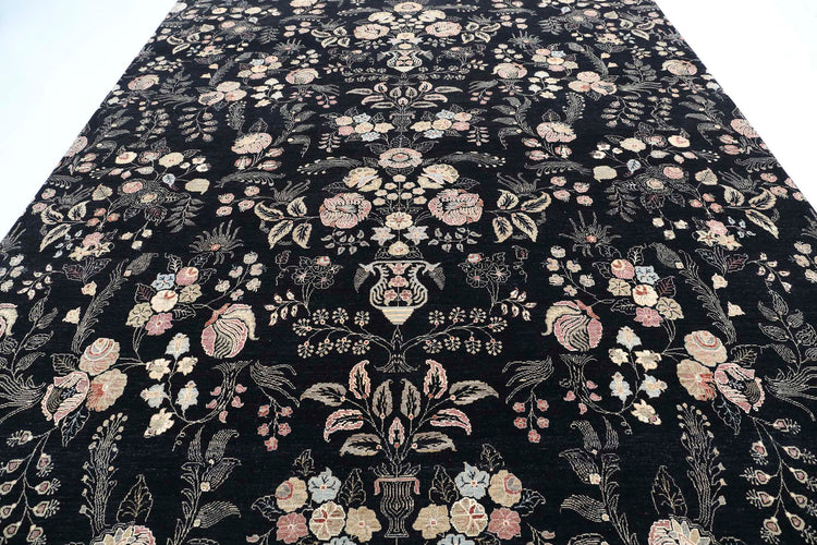 Transitional Hand Knotted Artemix Tabriz Wool Rug of Size 9'8'' X 13'4'' in Black and Black Colors - Made in Afghanistan