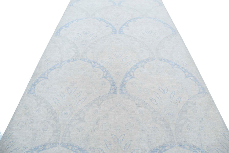 Transitional Hand Knotted Artemix Tabriz Wool Rug of Size 6'5'' X 11'11'' in Ivory and Blue Colors - Made in Afghanistan