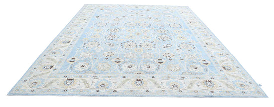 Traditional Hand Knotted Serenity Tabriz Wool Rug of Size 10'1'' X 13'4'' in Teal and Ivory Colors - Made in Afghanistan