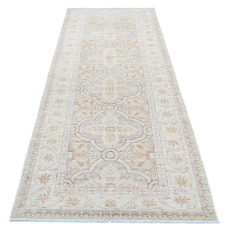 Traditional Hand Knotted Serenity Tabriz Wool Rug of Size 3'3'' X 9'2'' in Green and Ivory Colors - Made in Afghanistan