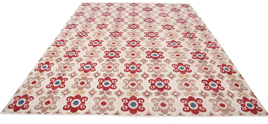 Transitional Hand Knotted Artemix Tabriz Wool Rug of Size 8'9'' X 11'3'' in Ivory and Red Colors - Made in Afghanistan