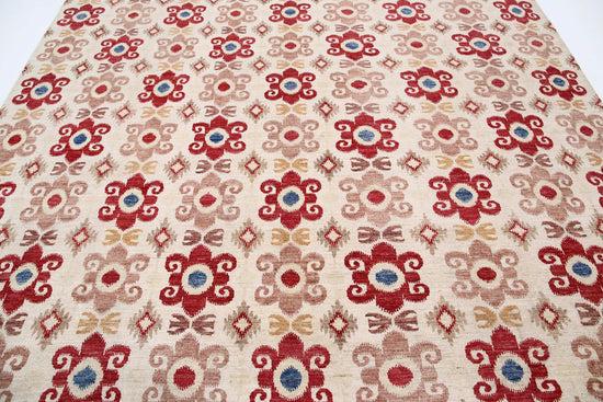 Transitional Hand Knotted Artemix Tabriz Wool Rug of Size 8'9'' X 11'3'' in Ivory and Red Colors - Made in Afghanistan