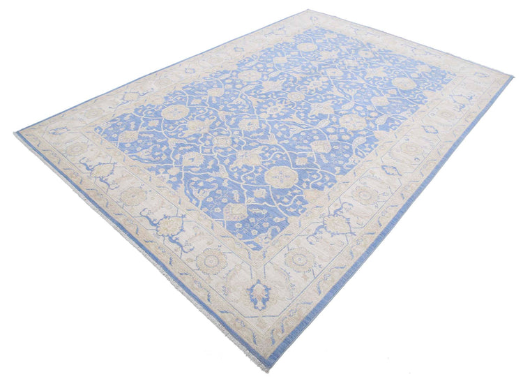 Traditional Hand Knotted Ziegler Tabriz Wool Rug of Size 6'7'' X 9'6'' in Blue and Ivory Colors - Made in Afghanistan